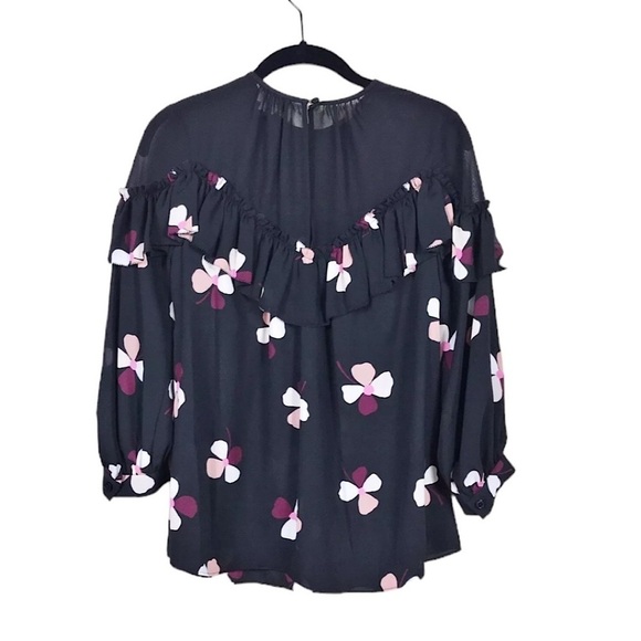 NWT Kate Spade Black Floral Glitzy Ritzy Dusk Buds Ruffle Top Size XXS - Picture 8 of 11